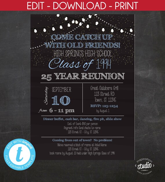 High School Reunion or College Reunion, Chalkboard Style with lights, Printable Invitation, Template, edit yourself Il_570xn