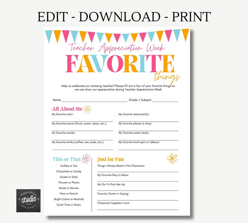Teacher Appreciation Week Favorite Things Printable | Teacher Favorites ...