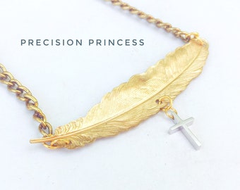 SALE - Gold  Feather Silver Cross Necklace with Gold Chain by Precision Princess