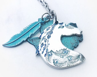 Rustic TurquoiseTexas Charm with Hand Stamped Arrow & Peacock Feather Horse Pendant by Precision Princess