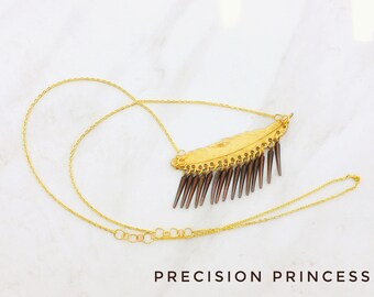 Gold Metal Feather Necklace with Fringe - by Precision Princess.