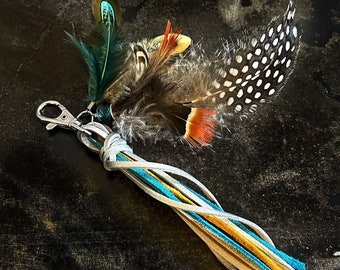 Yellow, Silver & Tan Leather Handbag Tassel Keychain with Colorful Feathers by Precision Princess
