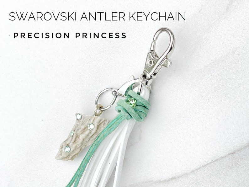 Peridot Swarovski Antler Keychain Purse Adornment with Green & White Tassel by Precision Princess image 6