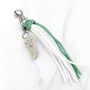 Peridot Swarovski Antler Keychain Purse Adornment with Green & White Tassel by Precision Princess image 5