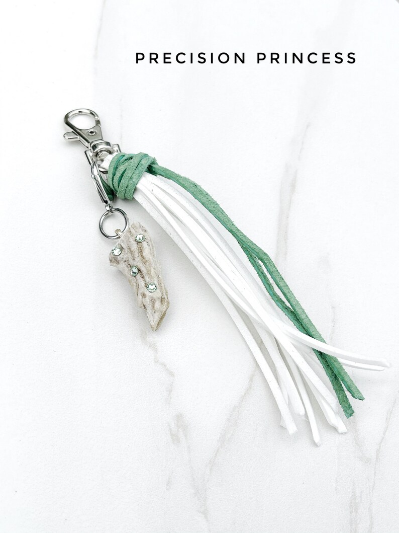 Peridot Swarovski Antler Keychain Purse Adornment with Green & White Tassel by Precision Princess image 5