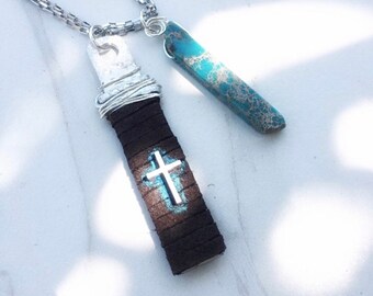 Hand Painted Leather Cross & Aqua Terra Jasper Pendant Necklace by Precision Princess