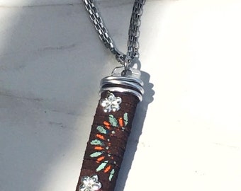 Hand Painted Leather Wrapped Flower Pendant  by Precision Princess