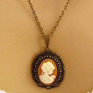 Peach Cameo: Victorian Woman Peach Gold Cameo Necklace, Vintage Inspired Romantic Victorian Jewelry, Antiqued Bronze, Peach Cameo Necklace image 1