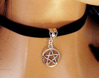 Black Velvet Choker, Pentagram Choker, Pentagram Necklace, Jewelry, Halloween Necklace