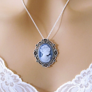 Small Blue Cameo: Victorian Woman Blue Cameo Necklace, Vintage Inspired Romantic Victorian Jewelry, Antiqued Silver, Blue Cameo Necklace image 1