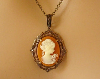 Peach Cameo: Victorian Woman Peach Cameo Necklace, Vintage Inspired Romantic Victorian Jewelry, Antiqued Gold, Peach Cameo Necklace