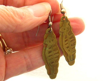 Long Antiqued Gold Primitive Earrings, Vintage Earrings, Primitive Gold Dangle Earrings, Long Gold Earrings, Cave Drawing Primitive Jewelry