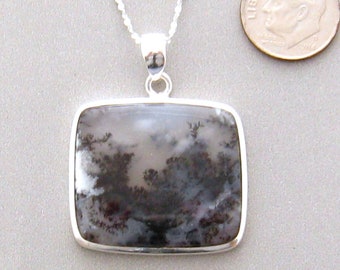 Black White Stone Necklace, Sterling Silver Rectangular Dendritic Agate Pendant Necklace, Landscape Natural Stone Jewelry, White Black