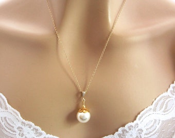 Large Crystal Pearl Pendant Necklace, Pearl Solitaire, Gold Fill