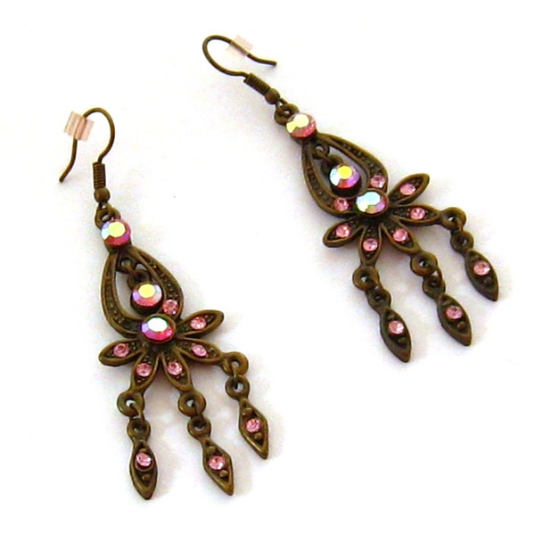 Pink Chandelier Earrings, Antiqued Bronze Earrings, Vintage Earrings, Pink Earrings