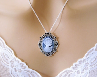 Small Blue Cameo: Victorian Woman Blue Cameo Necklace, Vintage Inspired Romantic Victorian Jewelry, Antiqued Silver, Blue Cameo Necklace