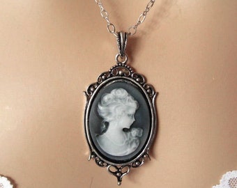 Slate Blue Cameo: Victorian Woman Grey Cameo Necklace, Antiqued Silver, Victorian Grey Cameo Jewelry, Blue Cameo Necklace, Gray Cameo