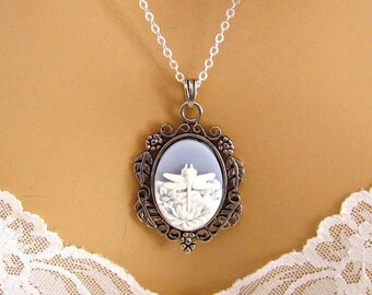 Antique Blue Cameo: Art Nouveau Dragonfly Cameo Necklace, Vintage Inspired Romantic Victorian Jewelry, Antiqued Silver, Blue Cameo Necklace