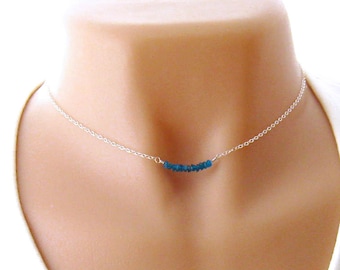 Minimalist Blue Necklace, Apatite Gemstone Bar Jewelry, Blue Gemstone Necklace, Sterling Silver