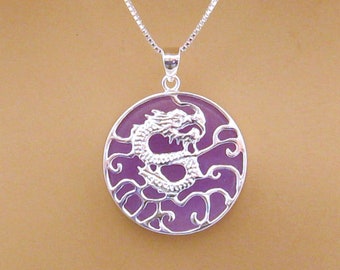 Purple Jade Sterling Silver Dragon Necklace, Lavender Jade Luck Wisdom Jewelry Gift for Her, Chinese Dragon