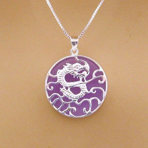 Purple Jade Sterling Silver Dragon Necklace, Lavender Jade Luck Wisdom Jewelry Gift for Her, Chinese Dragon