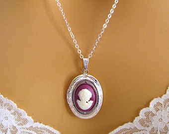 Victorian Cameo Locket Necklace: Victorian Woman Purple Magenta Cameo Necklace, Small Silver Locket Necklace, Cameo Locket Victorian Jewelry