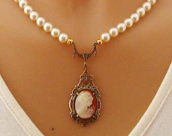 Victorian Woman Cameo Pearl Necklace, Victorian Pearl Cameo Necklaces, Single Strand Pearl Necklace, Cameo Jewelry, Romantic Pearl Jewelry