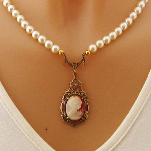 Victorian Woman Cameo Pearl Necklace, Victorian Pearl Cameo Necklaces, Single Strand Pearl Necklace, Cameo Jewelry, Romantic Pearl Jewelry image 1