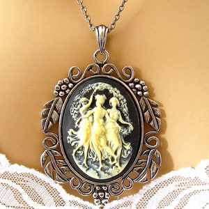 3 Graces Black Cameo Necklace: The Three Muses Black Cameo, 3 Sisters Cameo, Neoclassical Cameo Jewelry, Greek Mythology