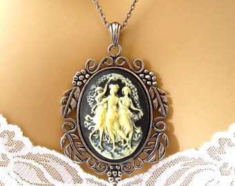 3 Graces Black Cameo Necklace: The Three Muses Black Cameo, 3 Sisters Cameo, Neoclassical Cameo Jewelry, Greek Mythology