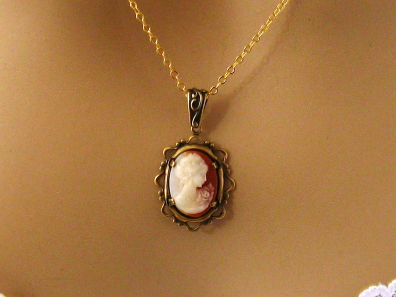 Small Peach Cameo: Victorian Woman Peach Cameo Necklace, Vintage Inspired Romantic Victorian Jewelry, Antiqued Gold, Peach Cameo Necklace image 5