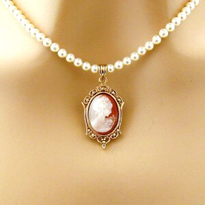 Victorian Small Cameo Pearl Necklace, Victorian Pearl Cameo Necklace, Single Strand Pearl Necklaces, Cameo Jewelry, Romantic Pearl Jewelry image 5