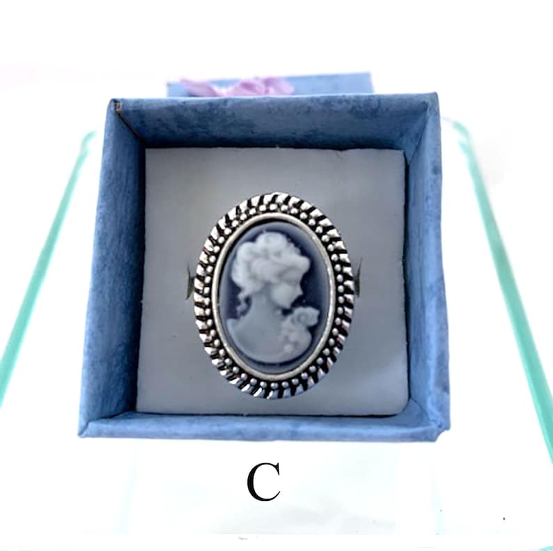 May include: A silver ring with a blue cameo featuring a woman's profile. The ring is in a blue velvet box with the letter "C" printed on the bottom.
