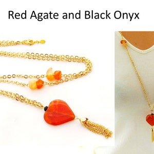 Long Necklace Agate Long Pendant Necklace/ Long Layering Necklace Gemstone Statement Necklace Heart Gold Necklace Long Stone Necklace