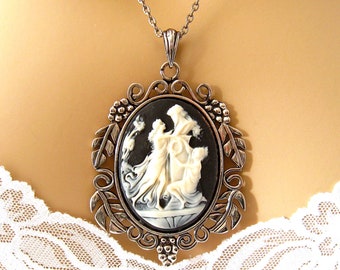 Black Cameo: Zeus Ornate Black Cameo Necklace, Antiqued Silver, Greek Mythology Romantic Victorian Jewelry, Romantic Gift for Her