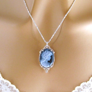 Blue Cameo: Victorian Woman Real Cameo Necklace, Sterling Silver, Vintage Inspired Romantic Victorian Jewelry, Romantic Gift for Her image 5