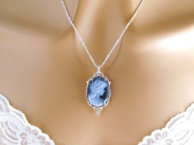 Blue Cameo: Victorian Woman Real Cameo Necklace, Sterling Silver, Vintage Inspired Romantic Victorian Jewelry, Romantic Gift for Her image 5