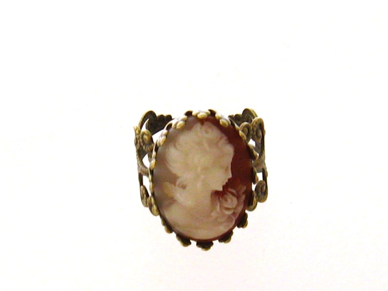 Victorian Lady Adjustable Peach Cameo Ring/Victorian Jewelry/Cameo Jewelry Gift,/Bezel Set Pearl Ring/Adjustable Gold Filigree Bronze Ring image 2