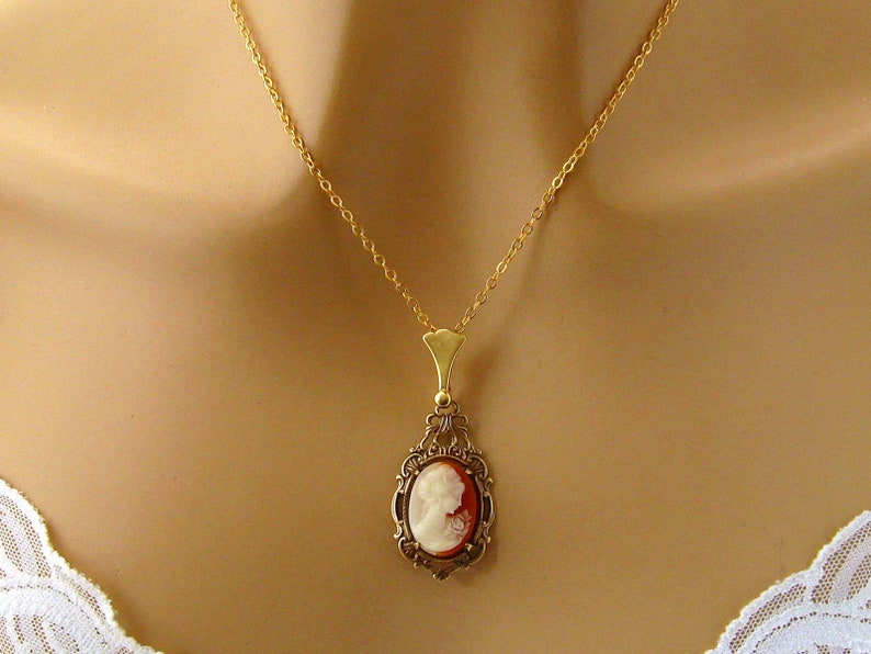 Small Peach Cameo: Victorian Woman Peach Cameo Necklace, Vintage Inspired Romantic Victorian Jewelry, Antiqued Gold, Peach Cameo Necklace image 2