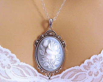 Flower Cameo Necklace, Victorian Black Cameo, Rose Blue Cameo Necklace, Victorian Cameo Jewelry, Sterling Silver Chain