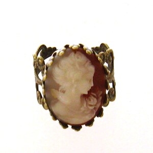 Victorian Lady Adjustable Peach Cameo Ring/Victorian Jewelry/Cameo Jewelry Gift,/Bezel Set Pearl Ring/Adjustable Gold Filigree Bronze Ring image 5