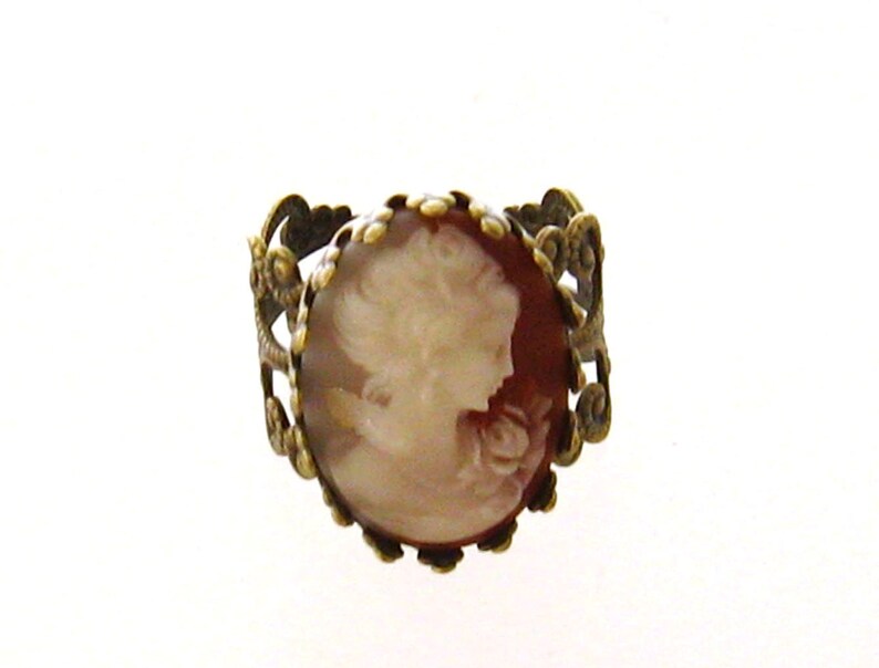 Victorian Lady Adjustable Peach Cameo Ring/Victorian Jewelry/Cameo Jewelry Gift,/Bezel Set Pearl Ring/Adjustable Gold Filigree Bronze Ring image 5