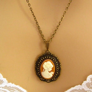 Peach Cameo: Victorian Woman Peach Gold Cameo Necklace, Vintage Inspired Romantic Victorian Jewelry, Antiqued Bronze, Peach Cameo Necklace image 2