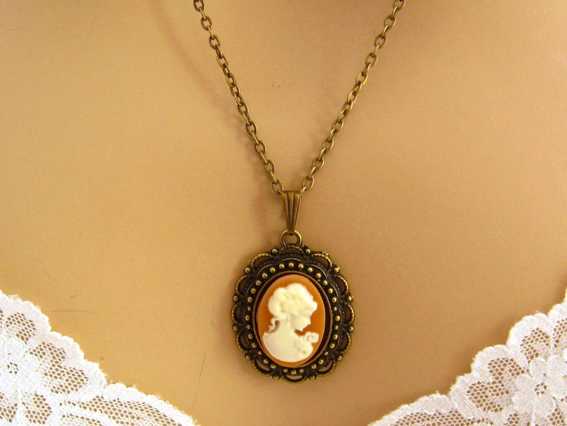 Peach Cameo: Victorian Woman Peach Gold Cameo Necklace, Vintage Inspired Romantic Victorian Jewelry, Antiqued Bronze, Peach Cameo Necklace image 2