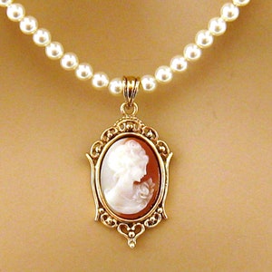 Victorian Small Cameo Pearl Necklace, Victorian Pearl Cameo Necklace, Single Strand Pearl Necklaces, Cameo Jewelry, Romantic Pearl Jewelry image 1