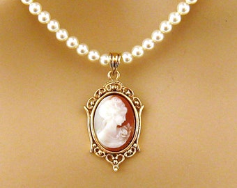 Victorian Small Cameo Pearl Necklace, Victorian Pearl Cameo Necklace, Single Strand Pearl Necklaces, Cameo Jewelry, Romantic Pearl Jewelry