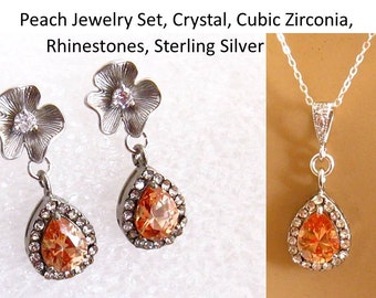 Peach Cubic Zirconia and Rhinestone Jewelry Set, Orange Bridesmaid Necklace Earrings Set, Wedding Jewelry