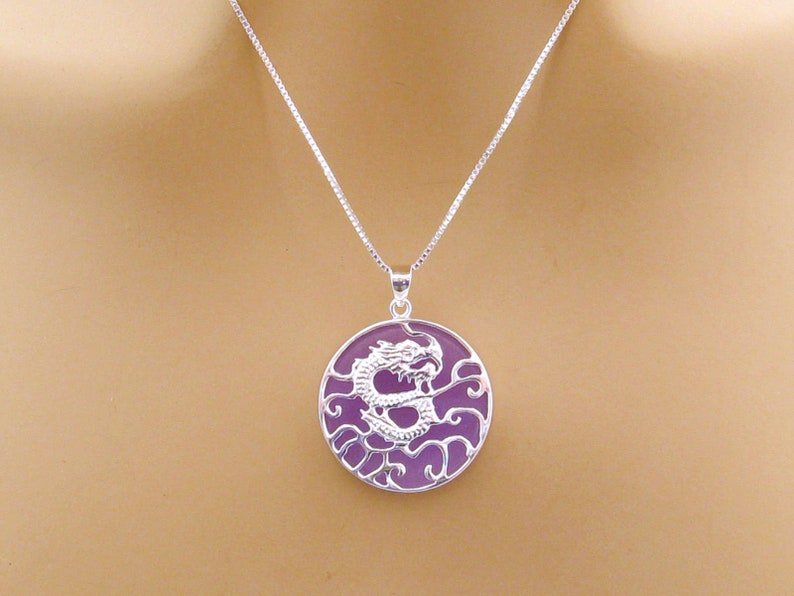 Lavender Jade Sterling Silver Dragon Necklace Chinese Dragon Purple Jade Luck Wisdom Jewelry Gift for Her