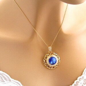 Sapphire Blue Crystal Necklace, Gold Bridal Necklace, Crystal Passions Blue Crystal Pendant, Royal Blue Bridesmaid Necklace