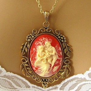 Romantic Cameo: Lovers in the Garden Peach Cameo Necklace, Antiqued Gold, Romantic Renaissance Jewelry, Romantic Orange Cameo Necklace